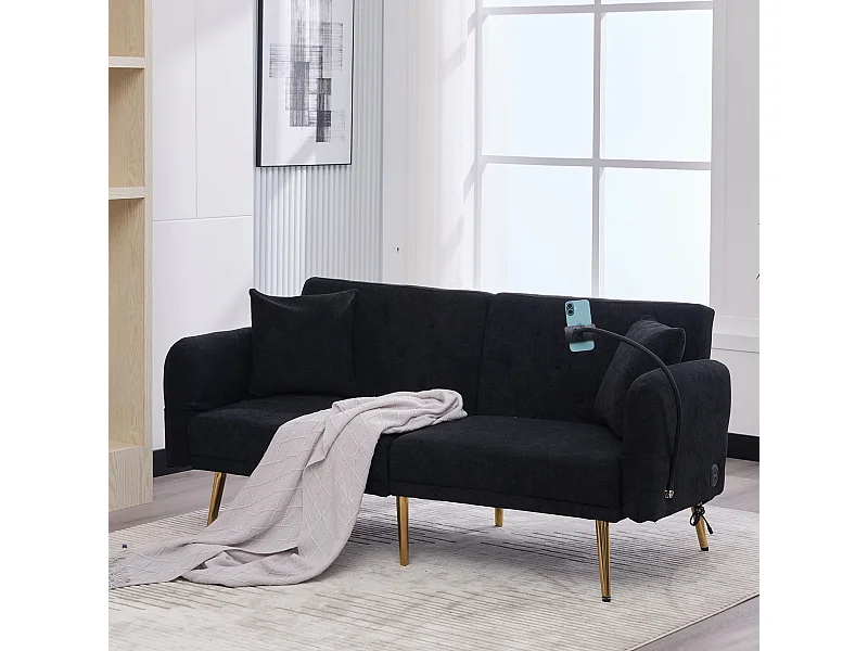 Canapé 2 places avec ports USB - Canapé droit avec support pour téléphone et poches latérales - dossier réglable - velours noir