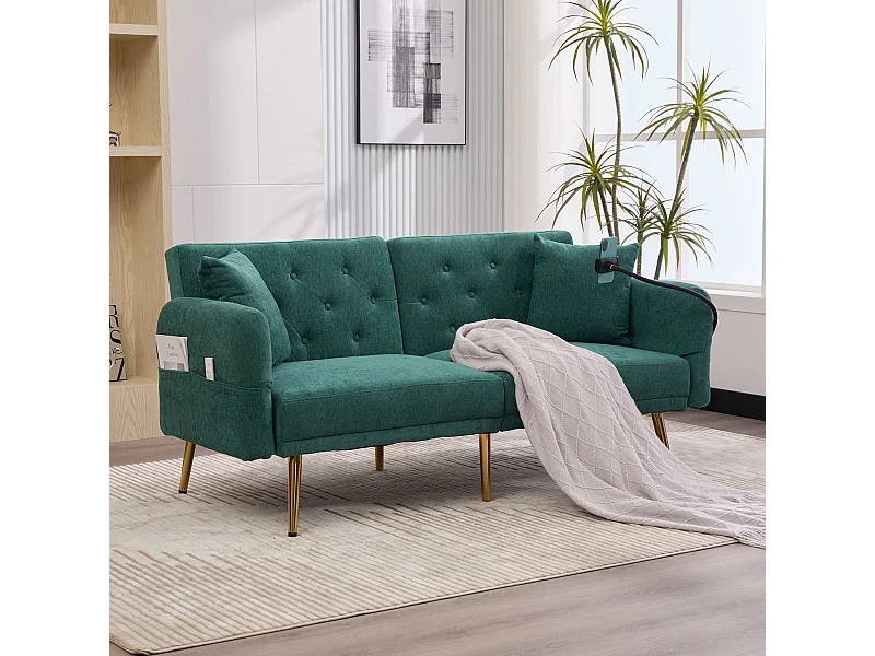 Sofa 2-osobowa z portami USB - Prosta sofa z uchwytem na telefon i kieszeniami bocznymi - Regulowane oparcie - Zielony aksamit