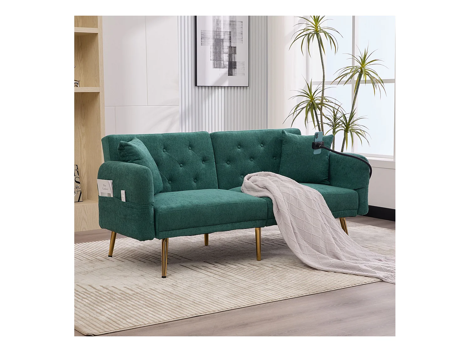 Canapé 2 places avec ports USB - Canapé droit avec support pour téléphone et poches latérales - dossier réglable - velours vert