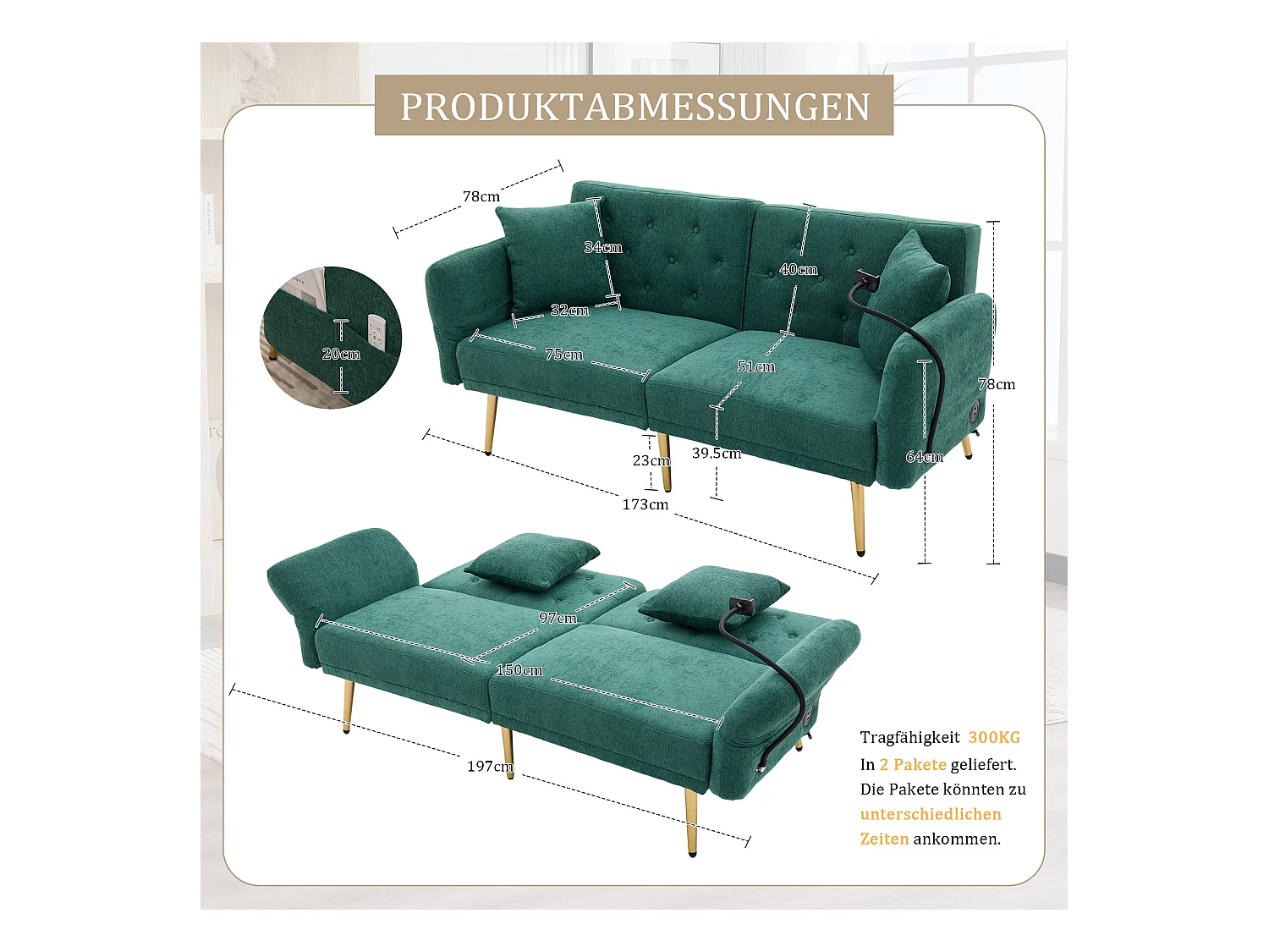 Canapé 2 places avec ports USB - Canapé droit avec support pour téléphone et poches latérales - dossier réglable - velours vert
