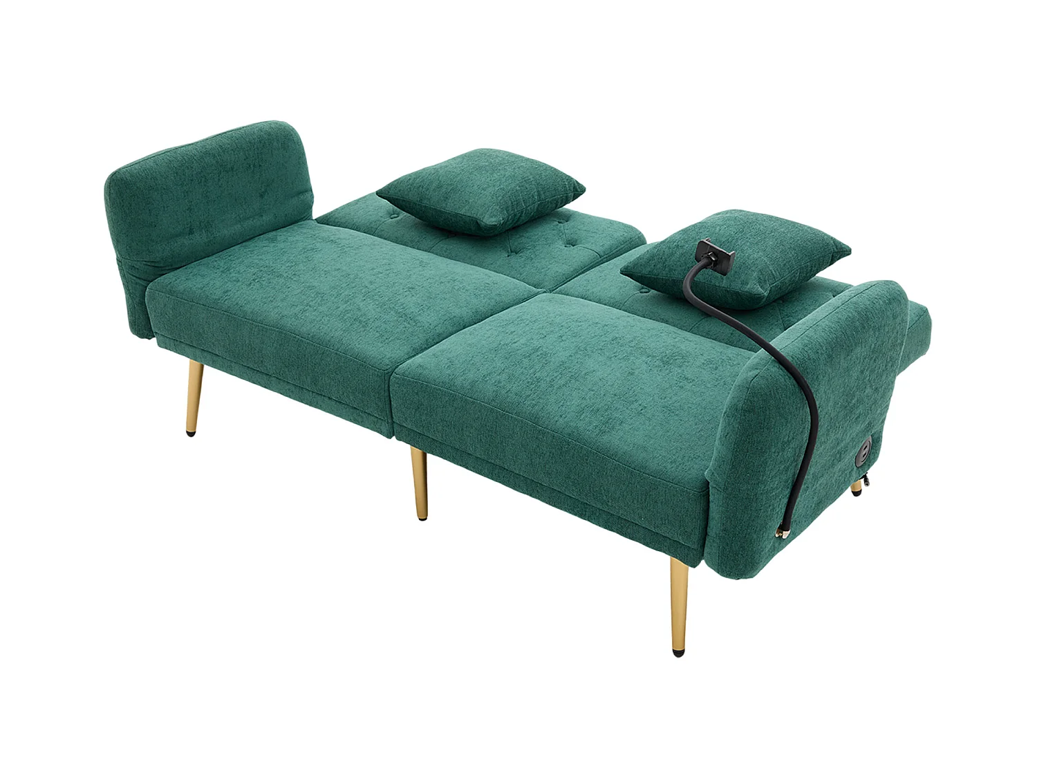 Canapé 2 places avec ports USB - Canapé droit avec support pour téléphone et poches latérales - dossier réglable - velours vert