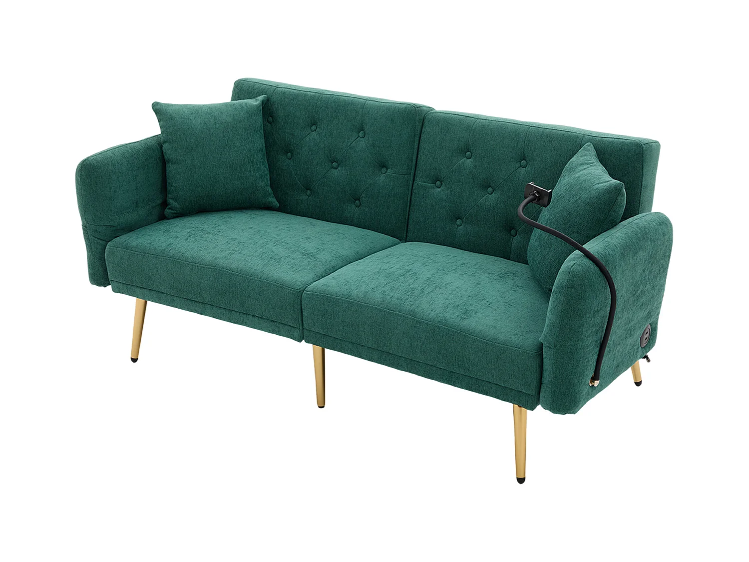 Canapé 2 places avec ports USB - Canapé droit avec support pour téléphone et poches latérales - dossier réglable - velours vert