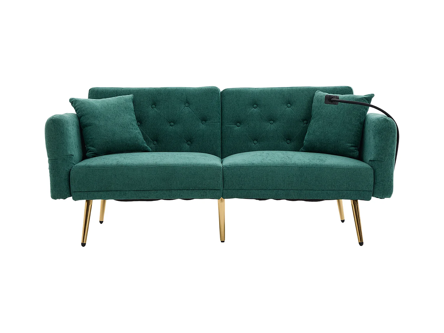 Canapé 2 places avec ports USB - Canapé droit avec support pour téléphone et poches latérales - dossier réglable - velours vert