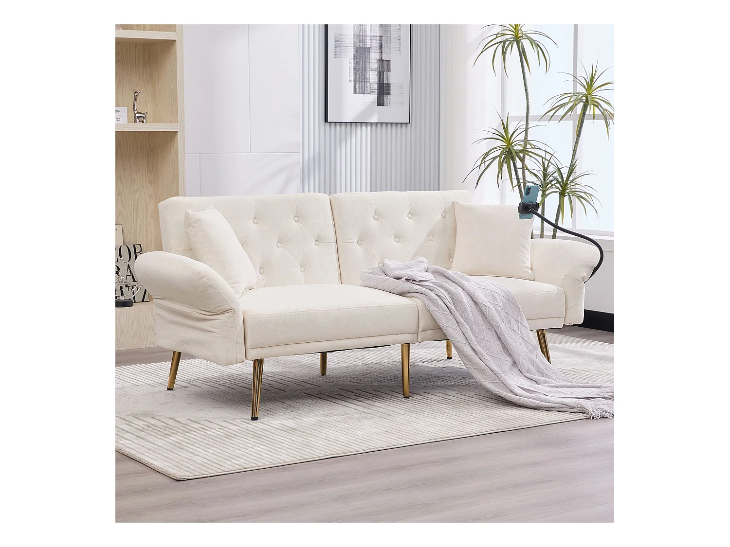 Canapé 2 places avec ports USB - Canapé droit avec support pour téléphone et poches latérales - dossier réglable - velours beige