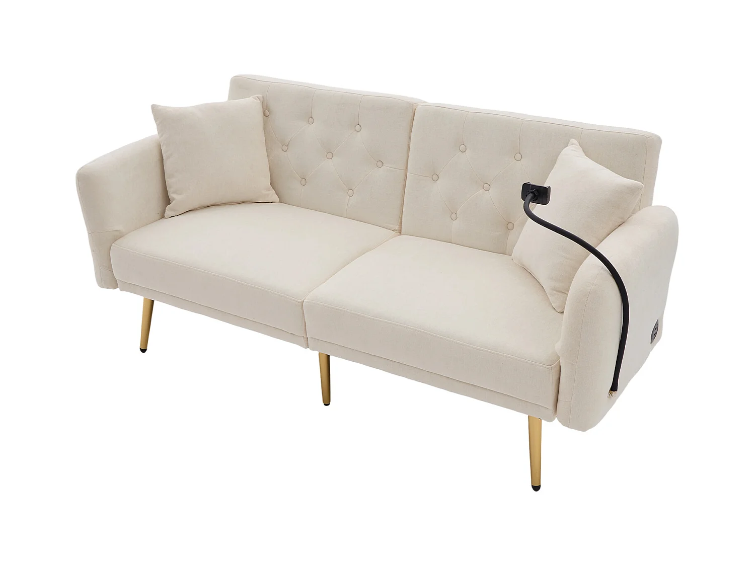 Canapé 2 places avec ports USB - Canapé droit avec support pour téléphone et poches latérales - dossier réglable - velours beige