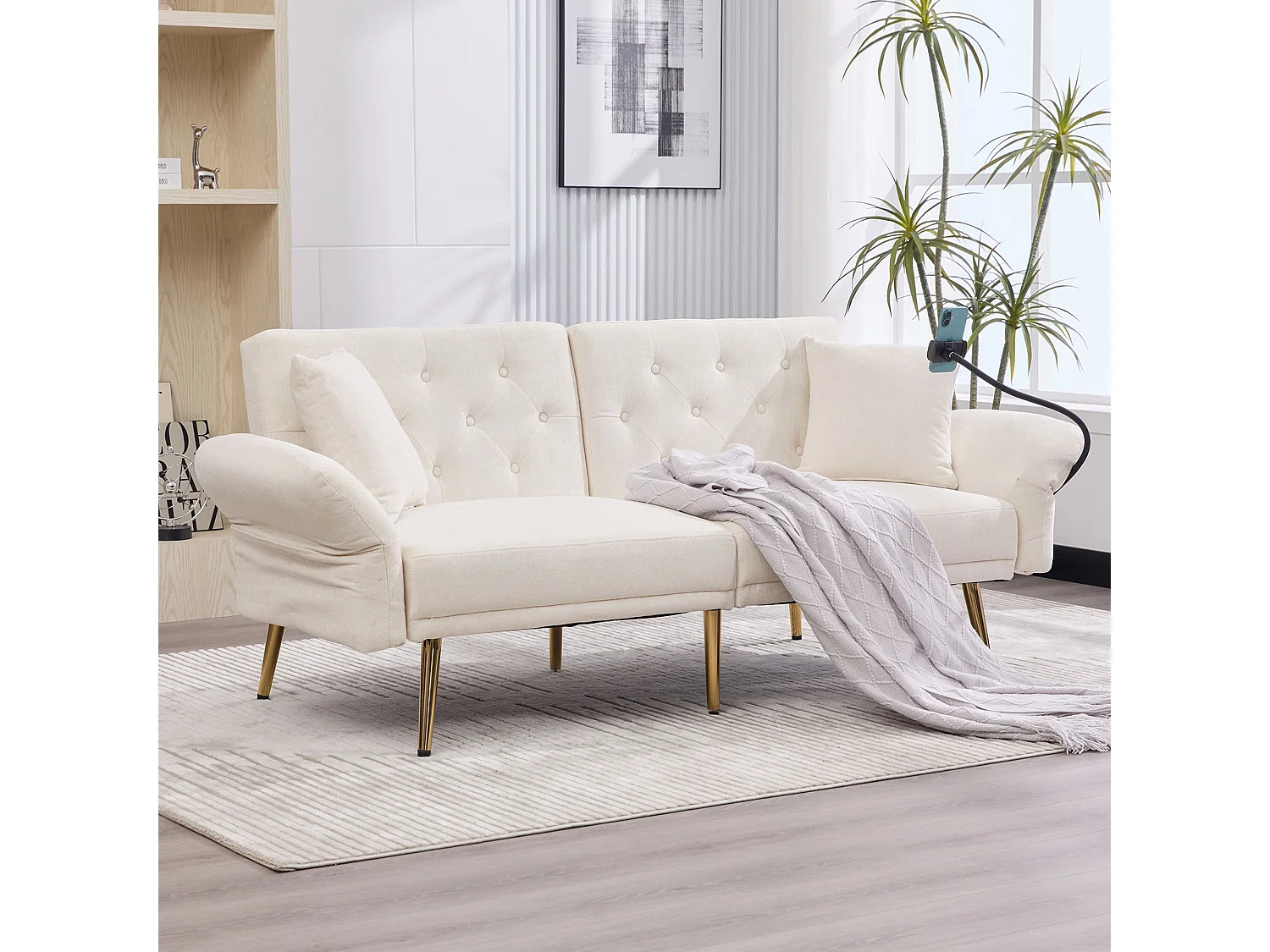 Sofá de 2 lugares com portas USB - Sofá reto com suporte para telemóvel e bolsos laterais - Encosto ajustável - Veludo bege