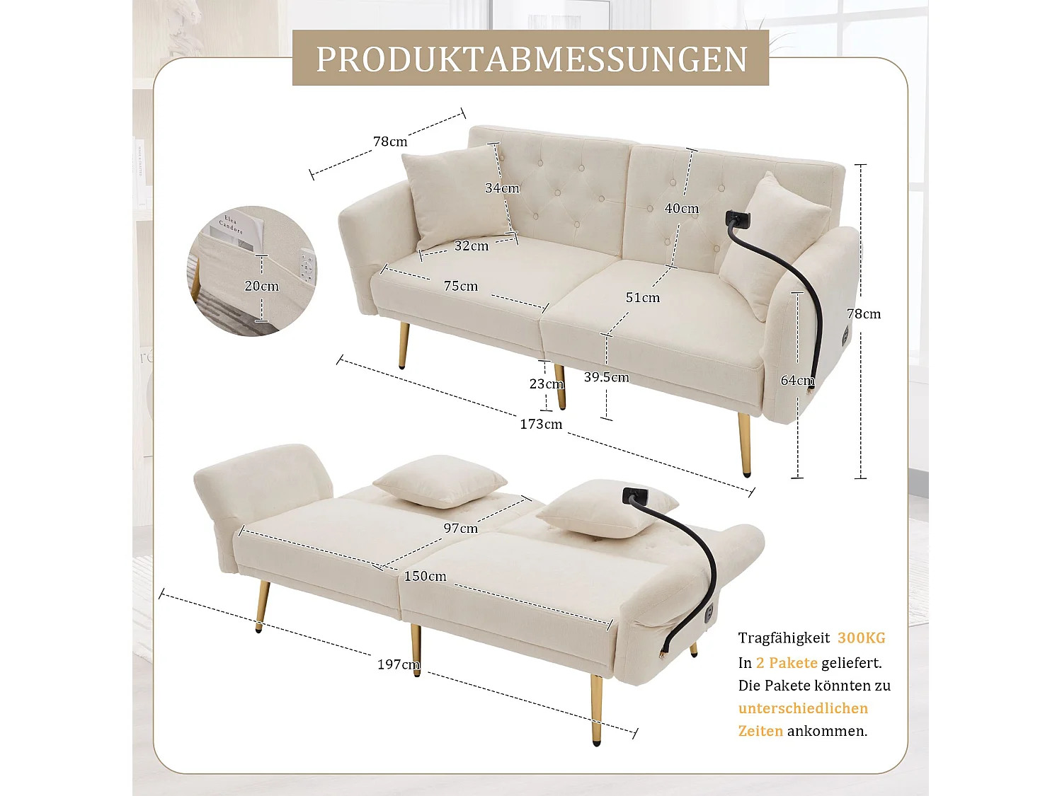 Sofá de 2 lugares com portas USB - Sofá reto com suporte para telemóvel e bolsos laterais - Encosto ajustável - Veludo bege