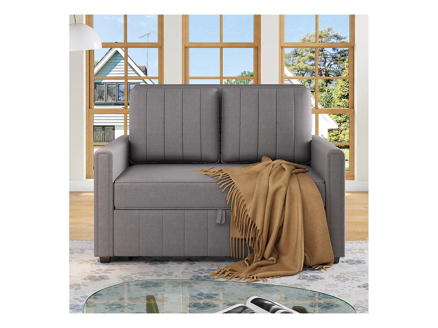 2-Sitzer-Sofa mit Ausziehfunktion - Relaxsofa mit Seitentaschen und 2 Kissen - Graues Leinen