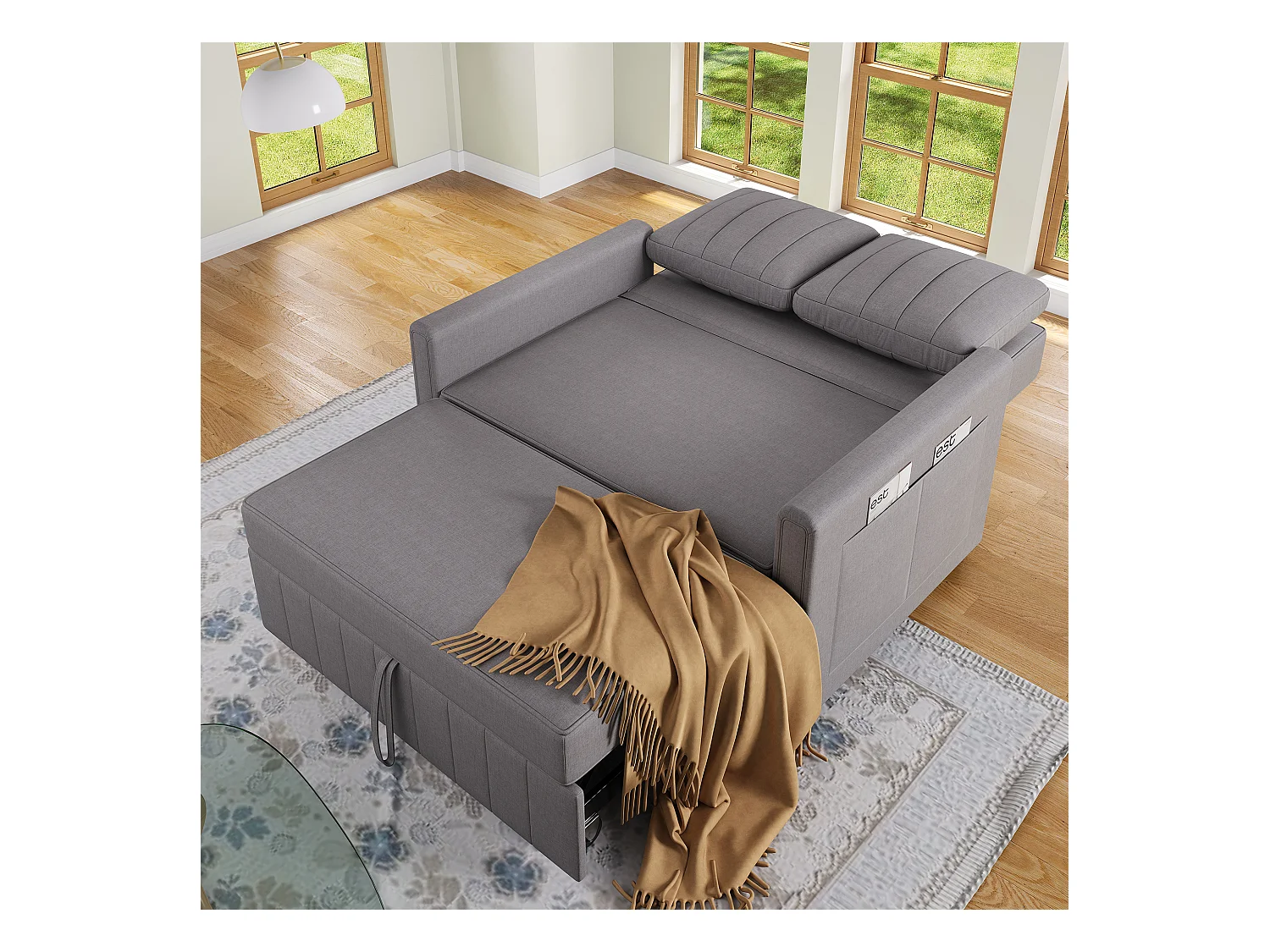 2-Sitzer-Sofa mit Ausziehfunktion - Relaxsofa mit Seitentaschen und 2 Kissen - Graues Leinen