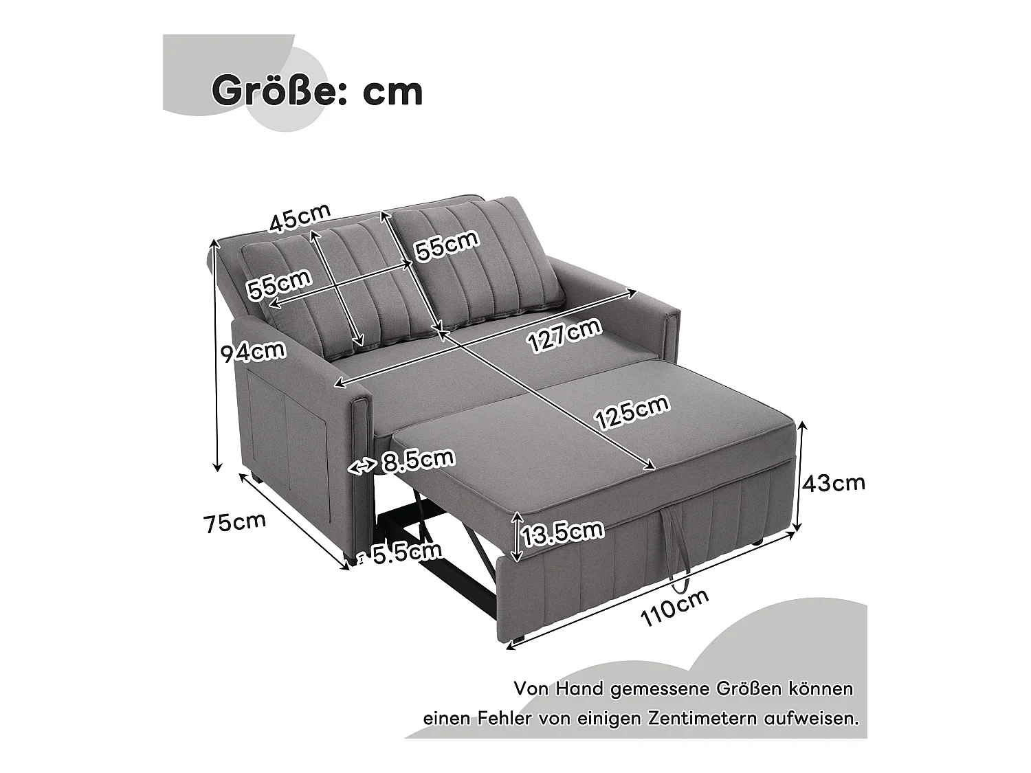 2-Sitzer-Sofa mit Ausziehfunktion - Relaxsofa mit Seitentaschen und 2 Kissen - Graues Leinen