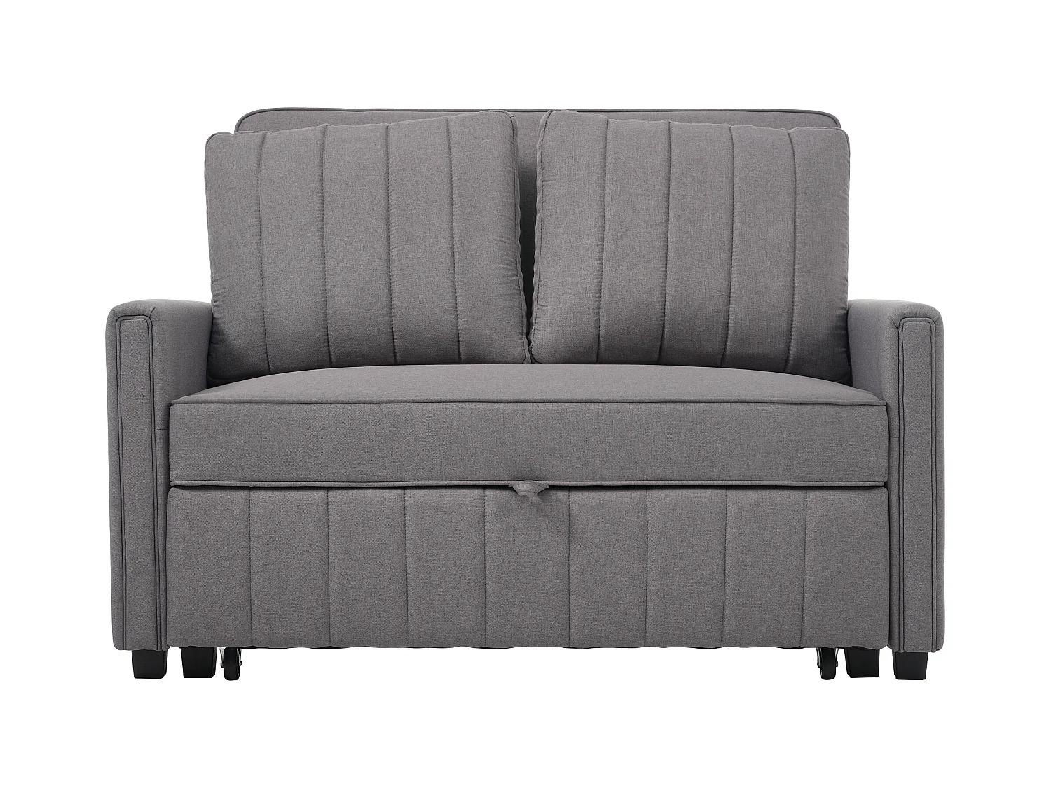 2-Sitzer-Sofa mit Ausziehfunktion - Relaxsofa mit Seitentaschen und 2 Kissen - Graues Leinen