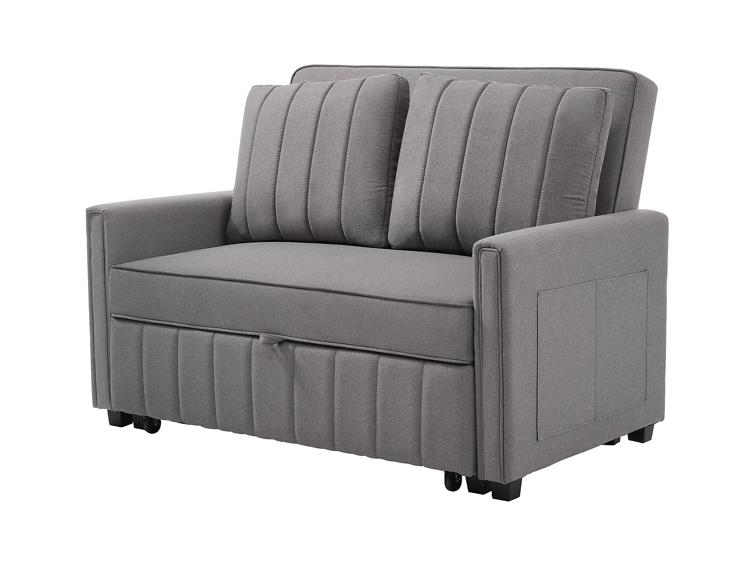 2-Sitzer-Sofa mit Ausziehfunktion - Relaxsofa mit Seitentaschen und 2 Kissen - Graues Leinen