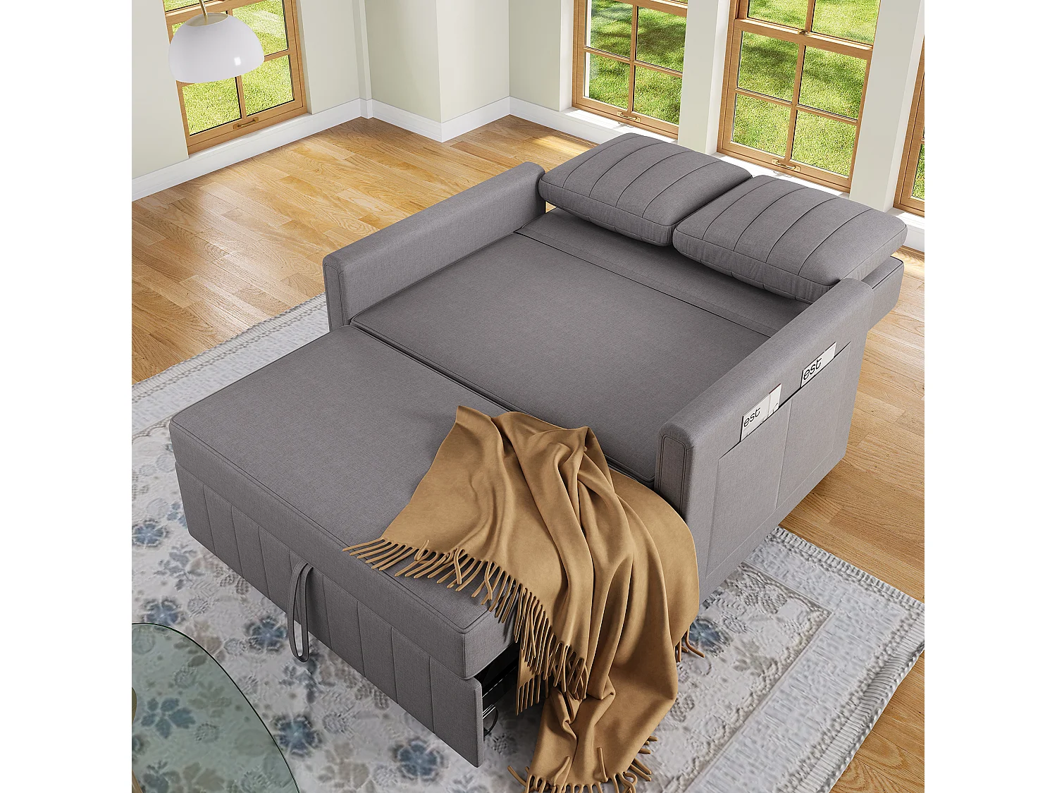 Sofá de 2 lugares com função de extensão - Sofá de relaxamento com bolsos laterais e 2 almofadas - Linho cinzento