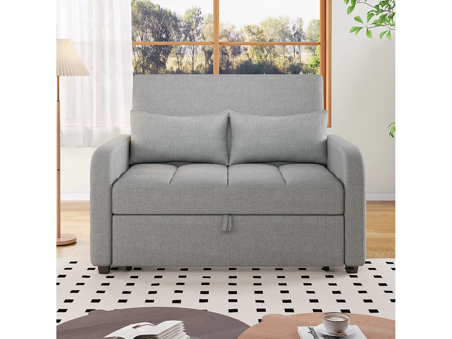 2-Sitzer Sofa mit Ausziehfunktion - Relaxsofa mit verstellbarer Rückenlehne und 2 Kissen - Leinen grau