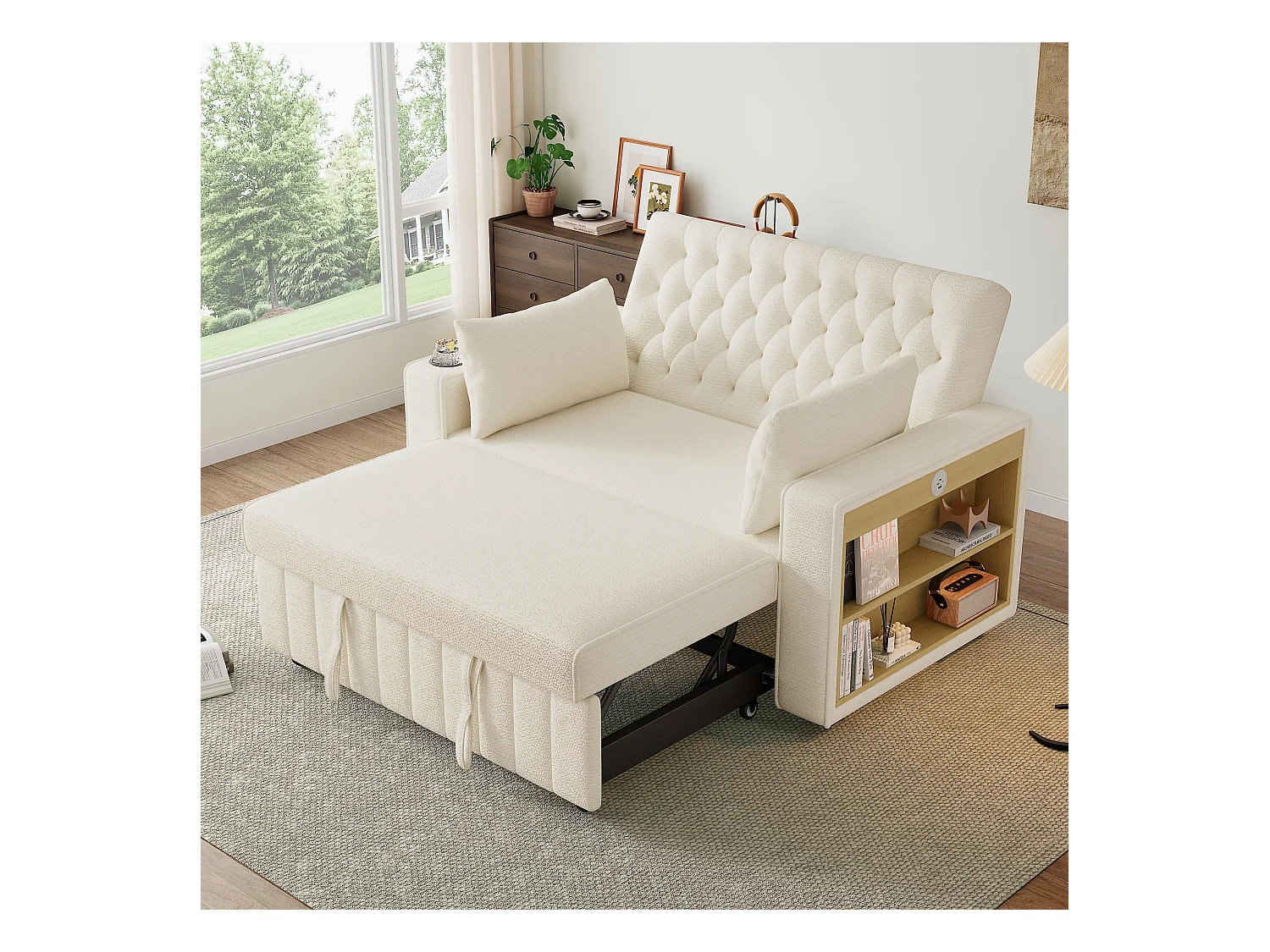 Canapé avec fonction gigogne - Canapé de salon avec porte-gobelet et port de charge USB - etagère de rangement - chenille beige