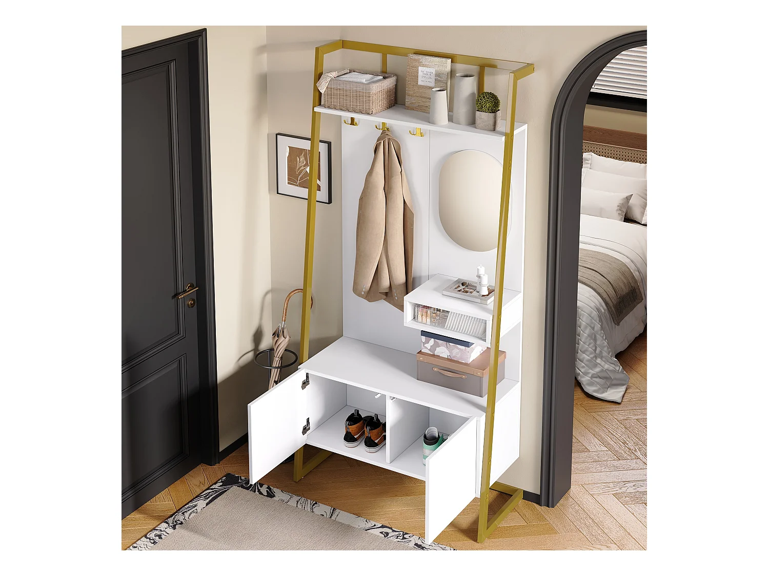 Porte-manteau blanc avec miroir – Vestiaire à 2 portes et patères – rangement ouvert et structure métallique