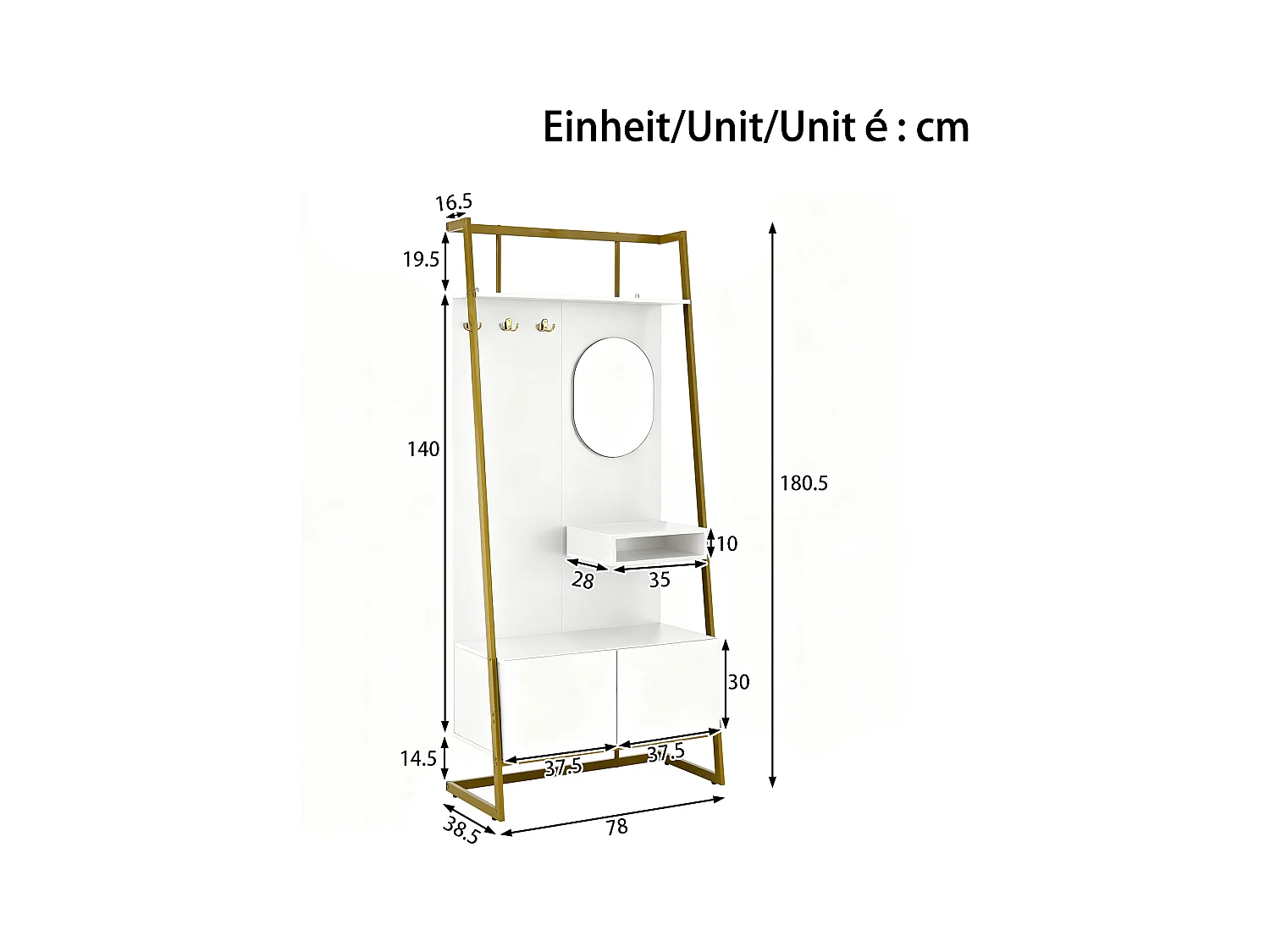 Porte-manteau blanc avec miroir – Vestiaire à 2 portes et patères – rangement ouvert et structure métallique