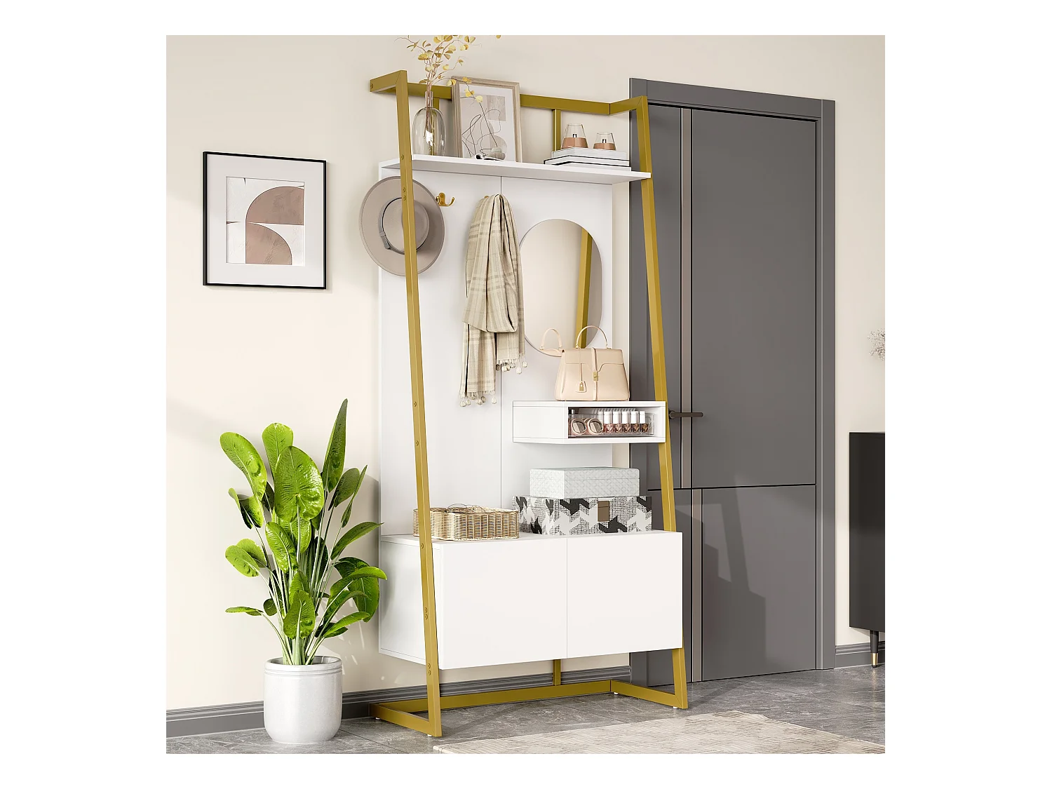 Porte-manteau blanc avec miroir – Vestiaire à 2 portes et patères – rangement ouvert et structure métallique