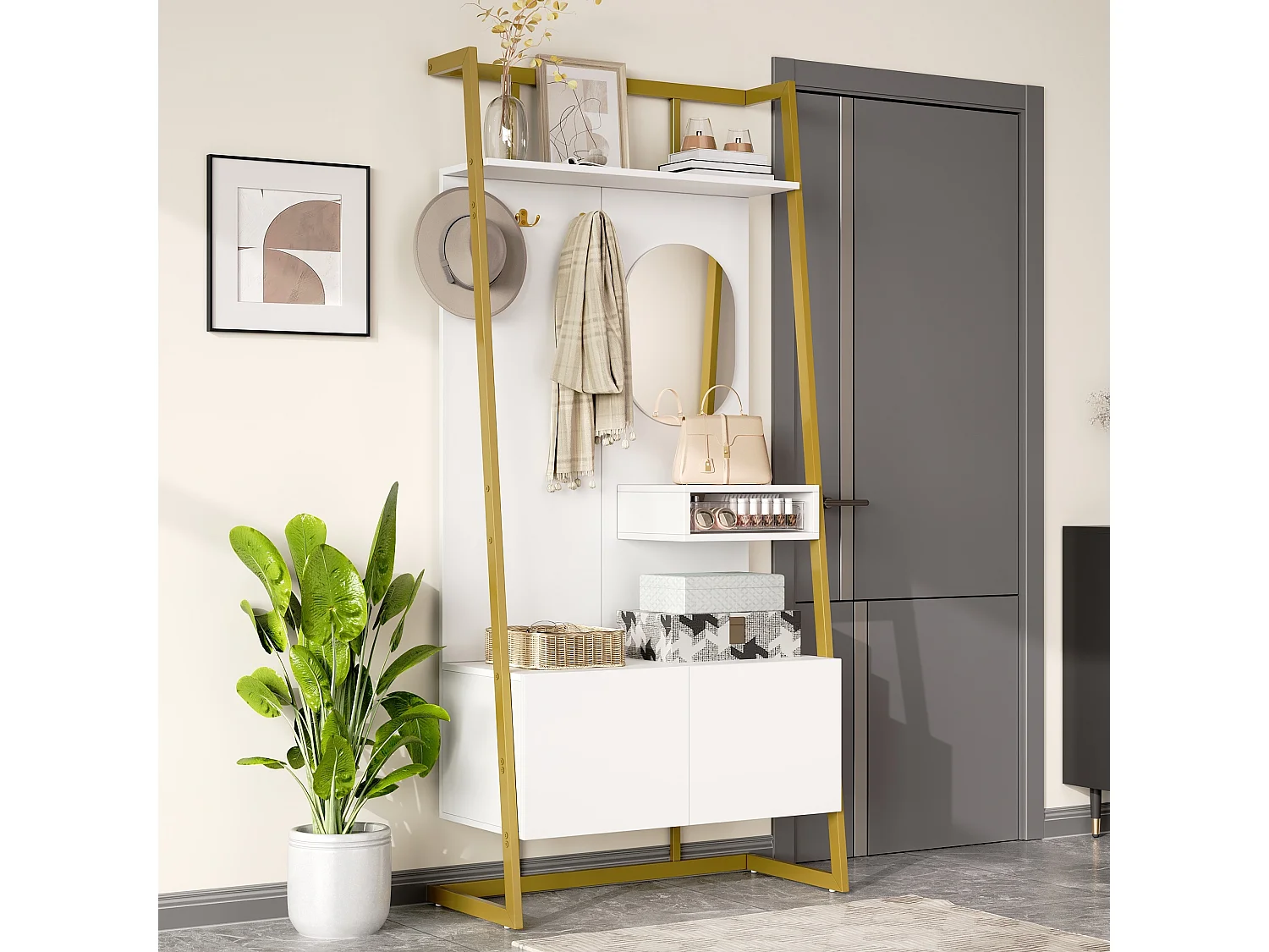 Porte-manteau blanc avec miroir – Vestiaire à 2 portes et patères – rangement ouvert et structure métallique