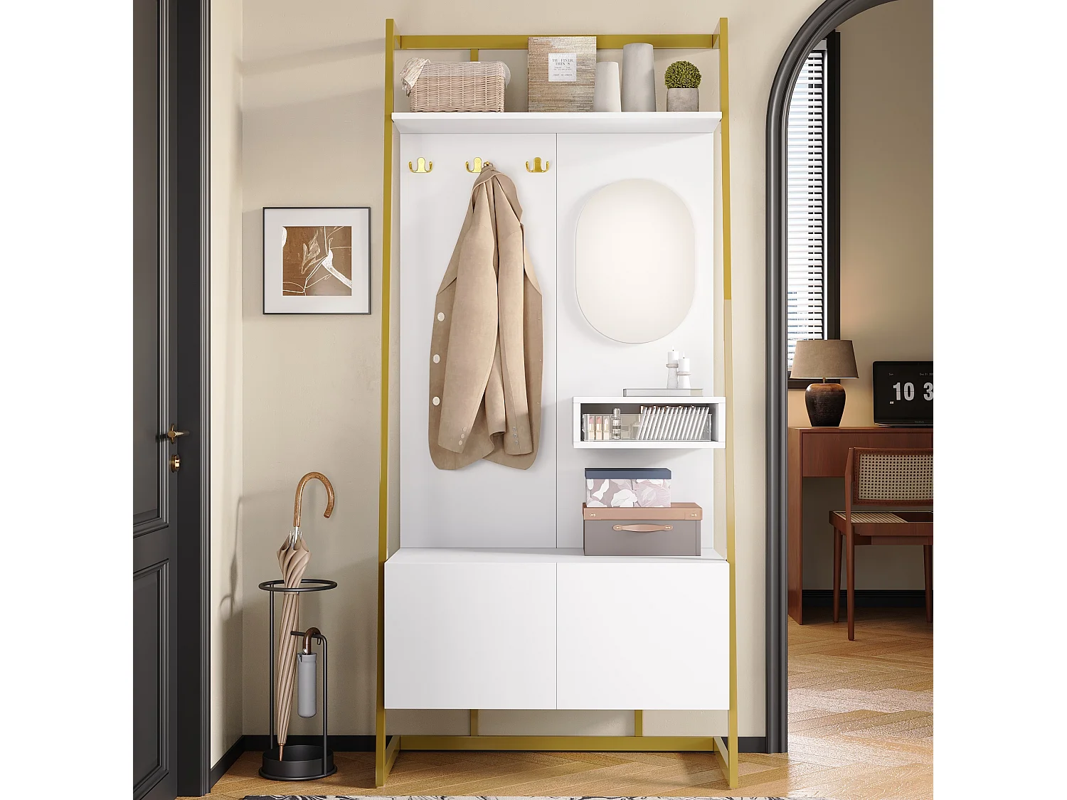 Porte-manteau blanc avec miroir – Vestiaire à 2 portes et patères – rangement ouvert et structure métallique