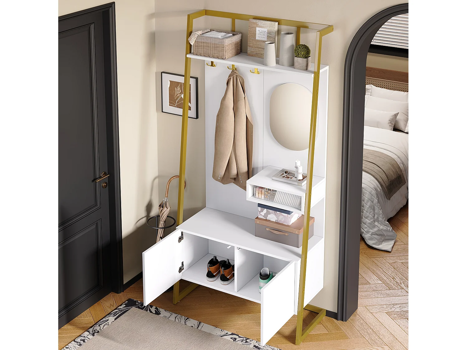 Porte-manteau blanc avec miroir – Vestiaire à 2 portes et patères – rangement ouvert et structure métallique