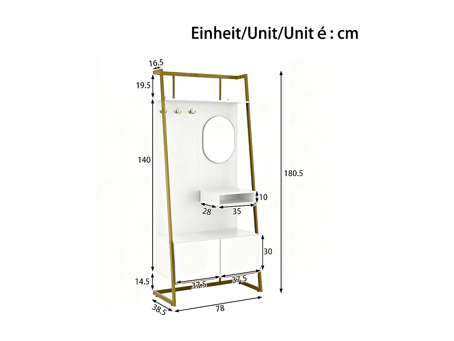 Porte-manteau blanc avec miroir – Vestiaire à 2 portes et patères – rangement ouvert et structure métallique