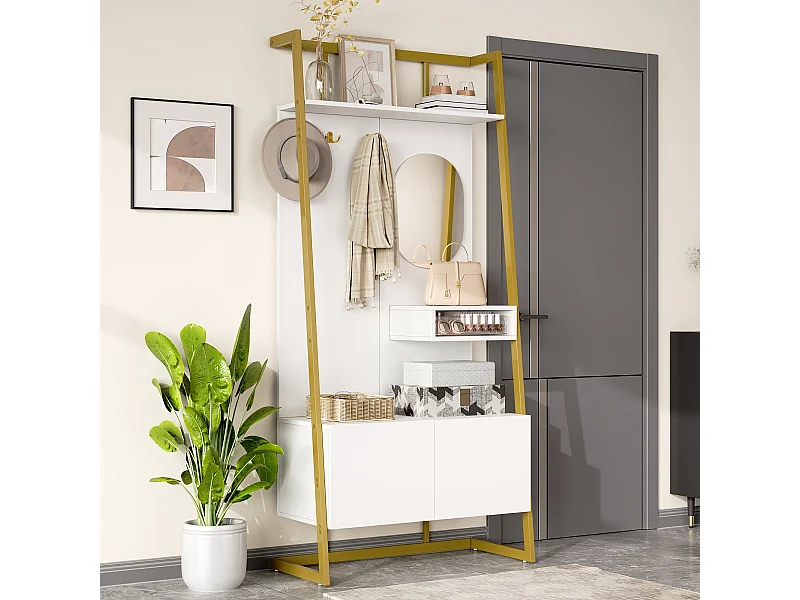 Porte-manteau blanc avec miroir – Vestiaire à 2 portes et patères – rangement ouvert et structure métallique