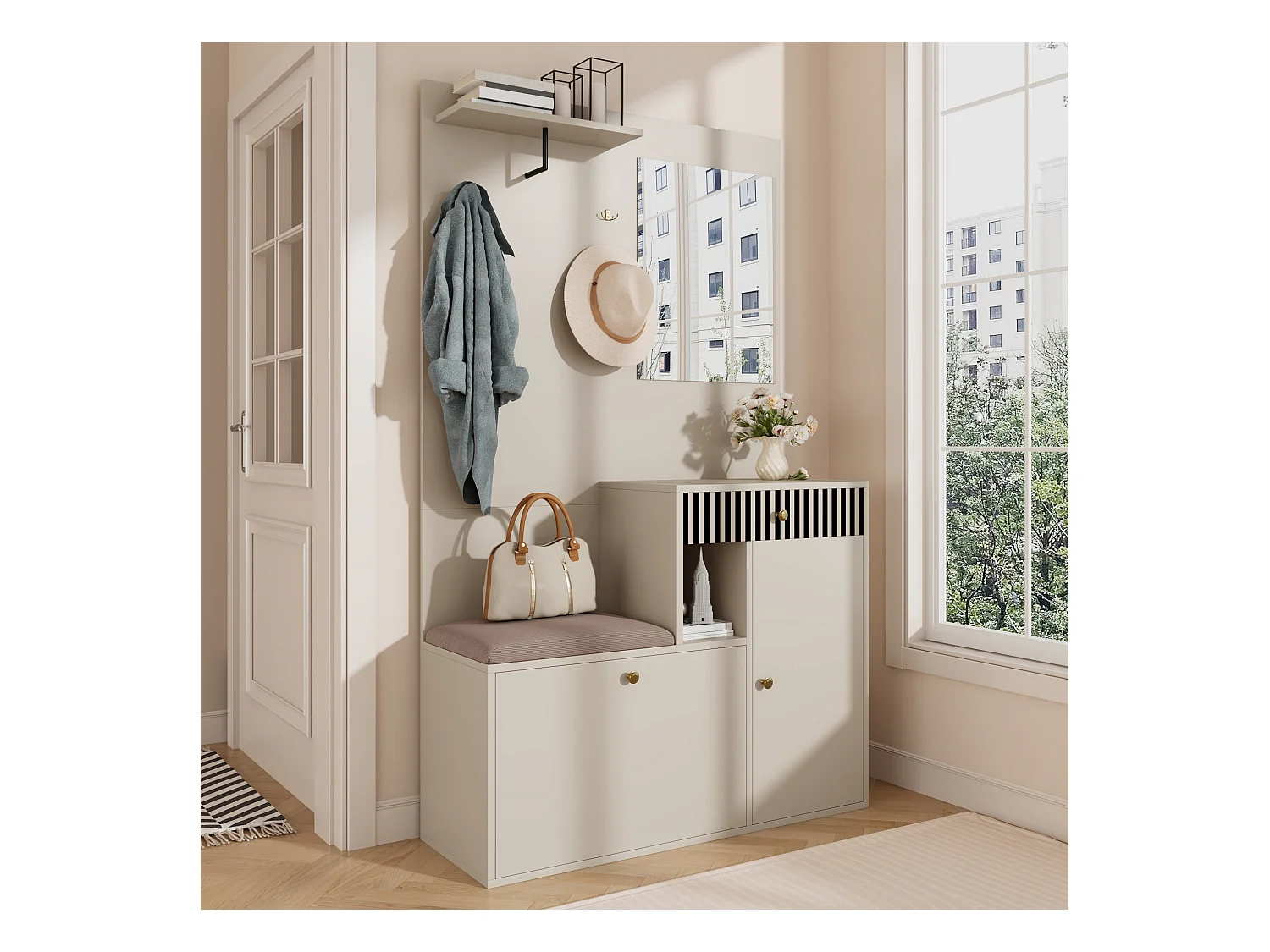 Beige Garderobe mit Spiegel – Kleiderschrank mit 1 Schublade und 2 Türen – mit Kissen und Haken