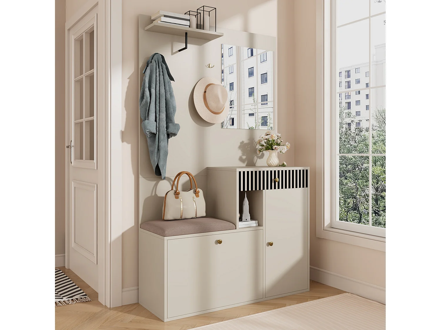 Perchero beige con espejo - Armario 1 cajón y 2 puertas - con cojines y ganchos