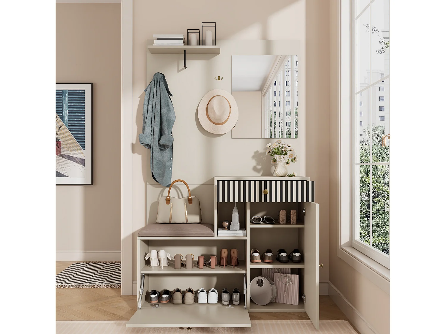 Perchero beige con espejo - Armario 1 cajón y 2 puertas - con cojines y ganchos