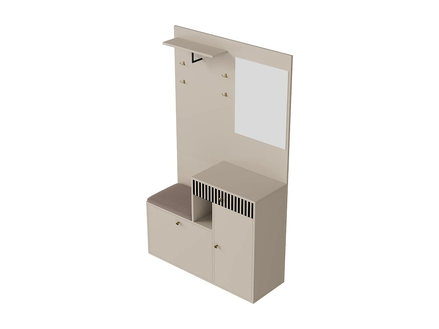 Perchero beige con espejo - Armario 1 cajón y 2 puertas - con cojines y ganchos