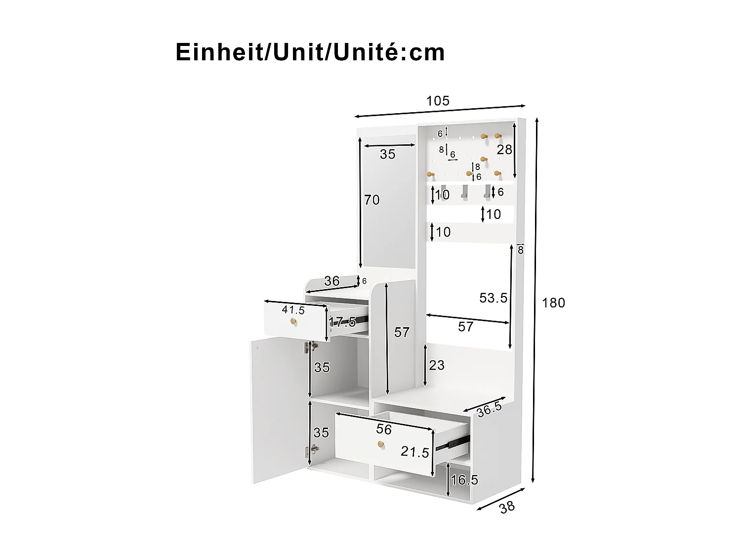 Weiße Garderobe mit Spiegel – 2 Schubladen und 1 Tür – offener Stauraum und Haken