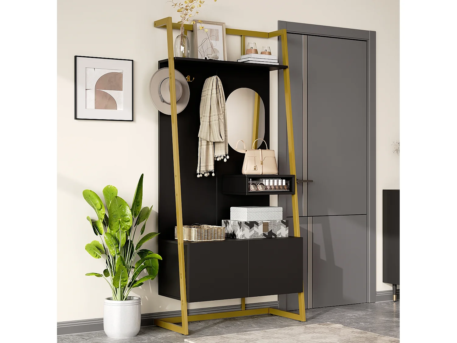 Porte-manteau noir avec miroir – Vestiaire à 2 portes et patères – rangement ouvert et structure métallique