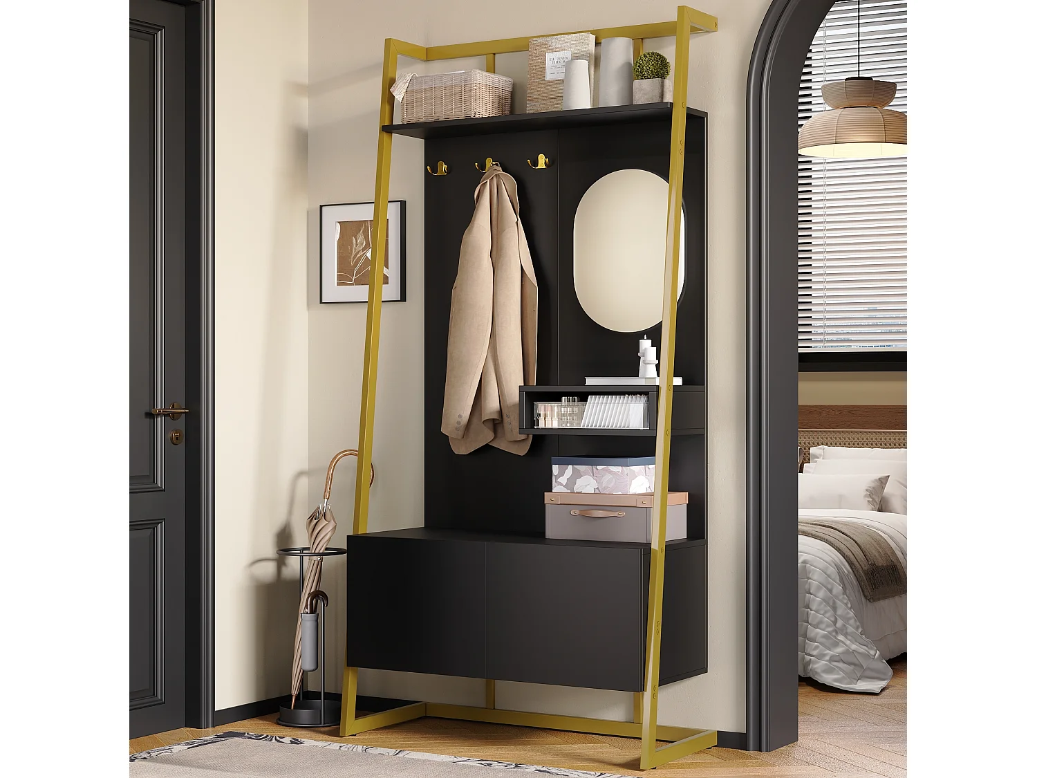 Porte-manteau noir avec miroir – Vestiaire à 2 portes et patères – rangement ouvert et structure métallique