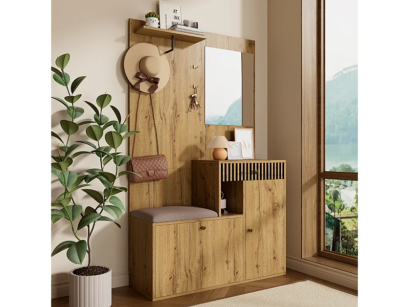 Garderobe aus Holz mit Spiegel - Kleiderschrank mit 1 Schublade und 2 Türen - mit Kissen und Haken