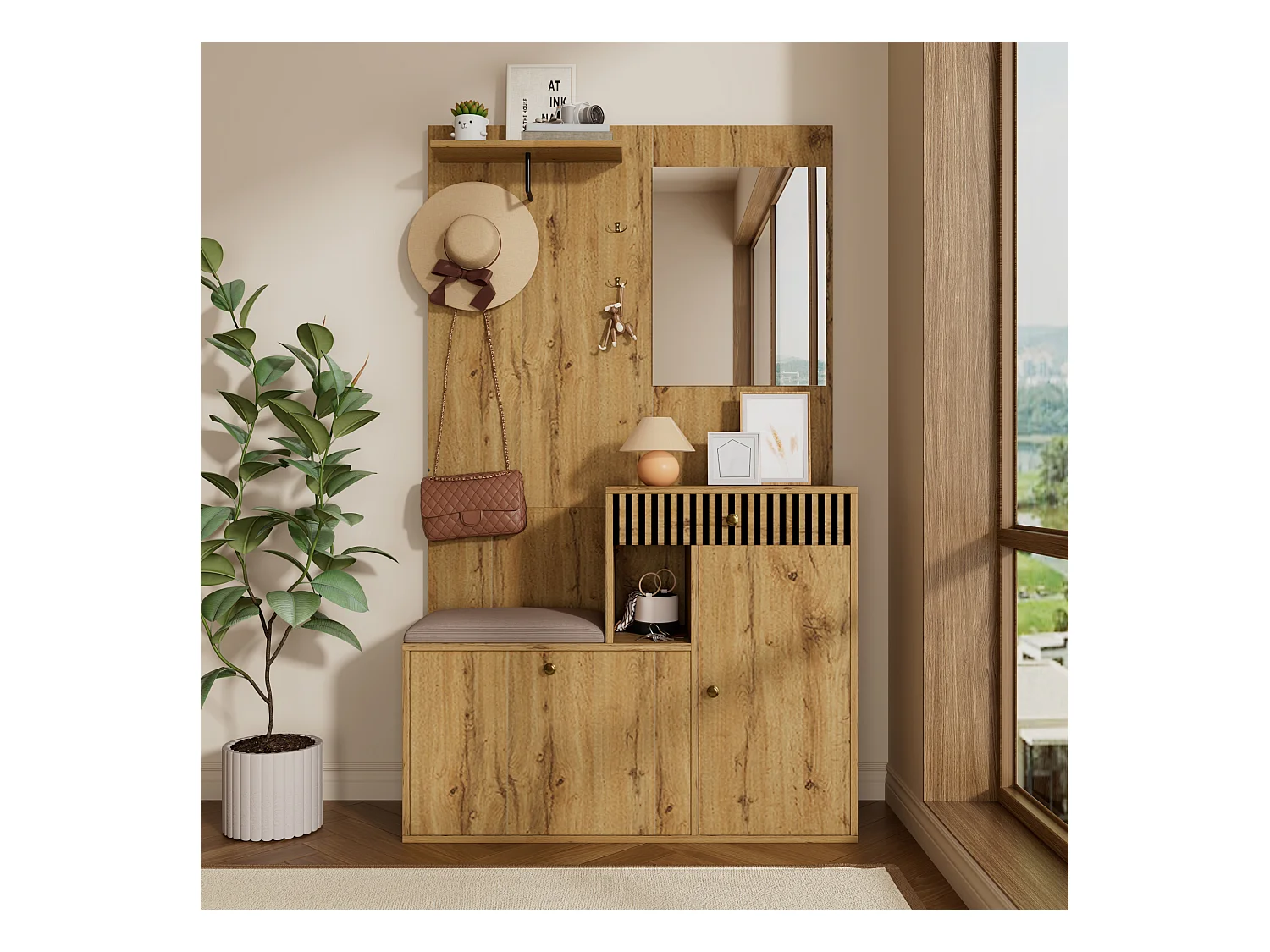 Cabide de madeira com espelho - roupeiro 1 gaveta e 2 portas - com almofadas e ganchos