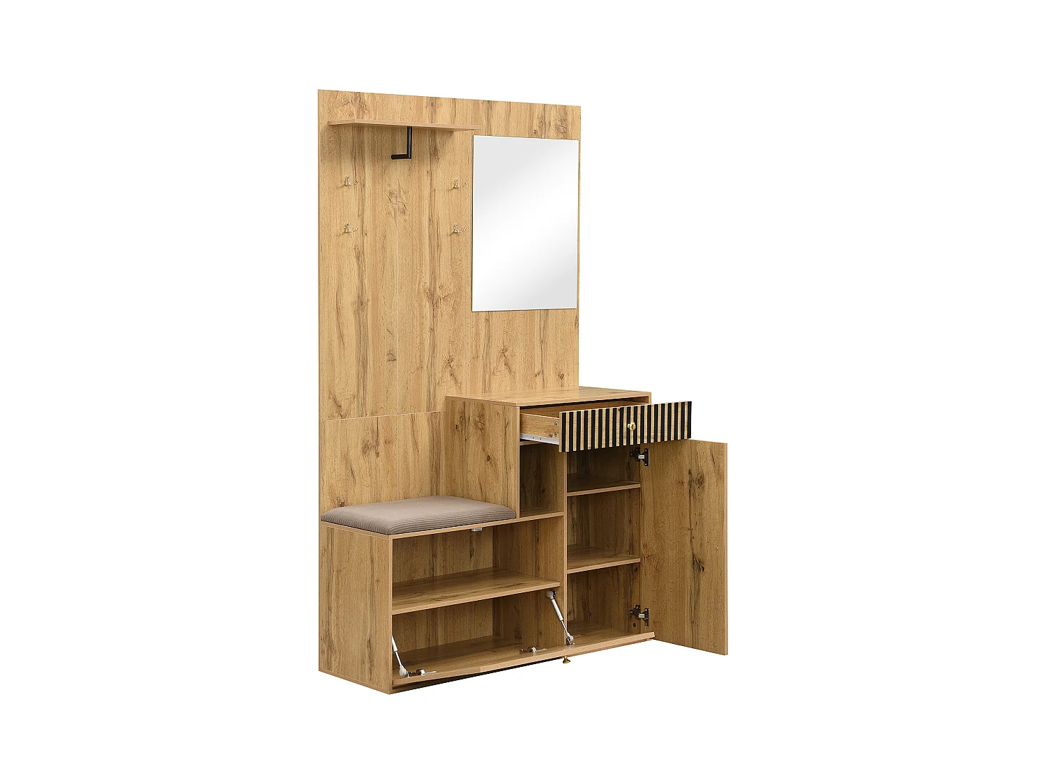 Cabide de madeira com espelho - roupeiro 1 gaveta e 2 portas - com almofadas e ganchos