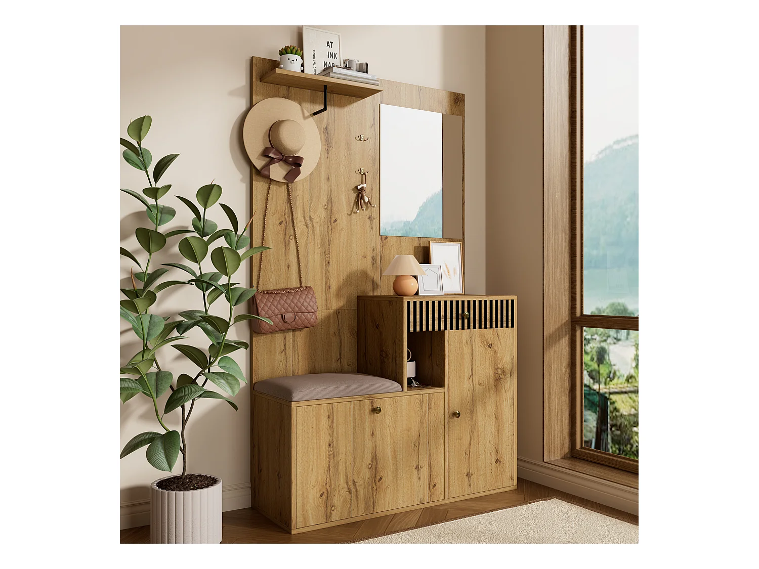 Garderobe aus Holz mit Spiegel - Kleiderschrank mit 1 Schublade und 2 Türen - mit Kissen und Haken