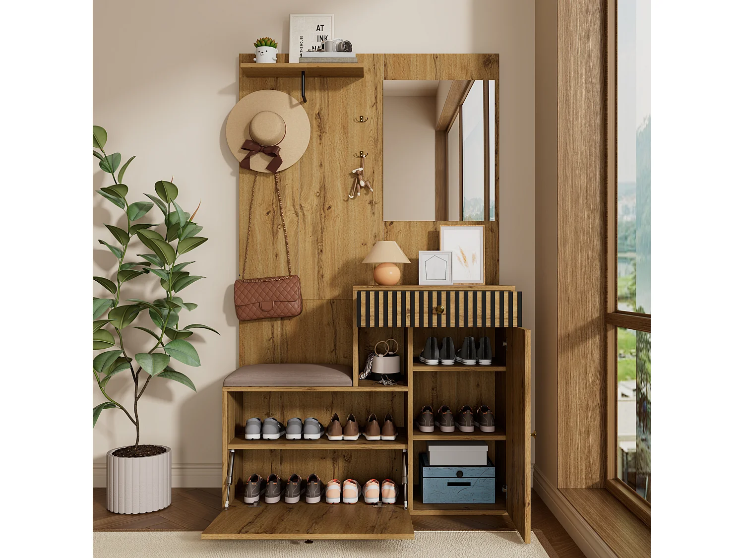 Porte-manteau bois avec miroir - Vestiaire à 1 tiroir et 2 portes - avec coussins et patères