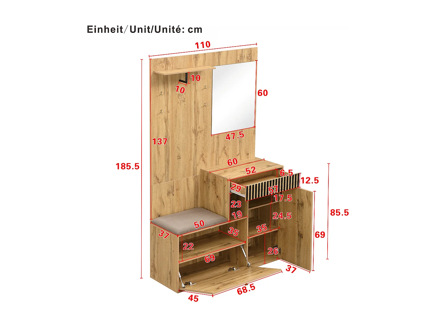 Porte-manteau bois avec miroir - Vestiaire à 1 tiroir et 2 portes - avec coussins et patères