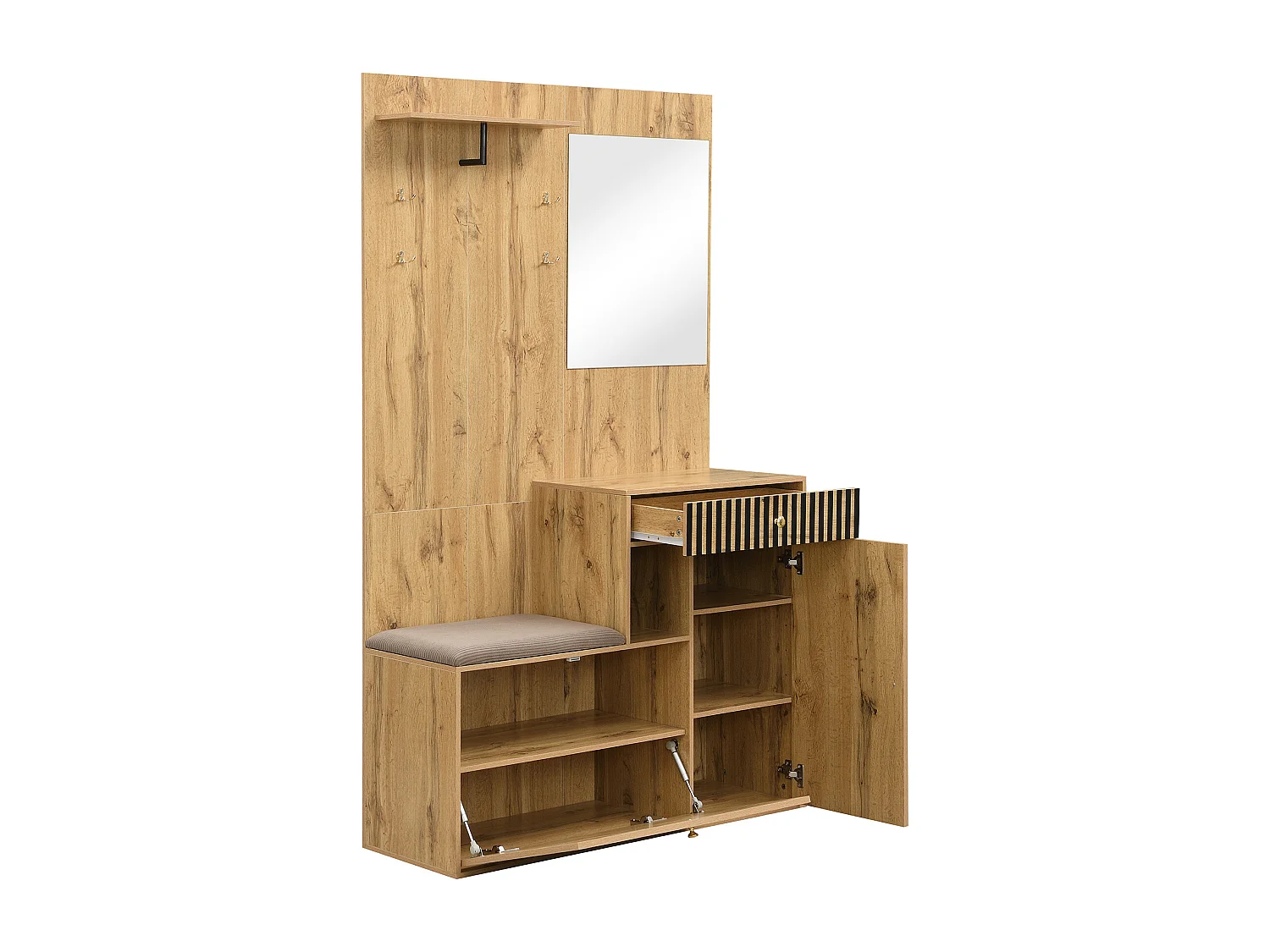 Porte-manteau bois avec miroir - Vestiaire à 1 tiroir et 2 portes - avec coussins et patères