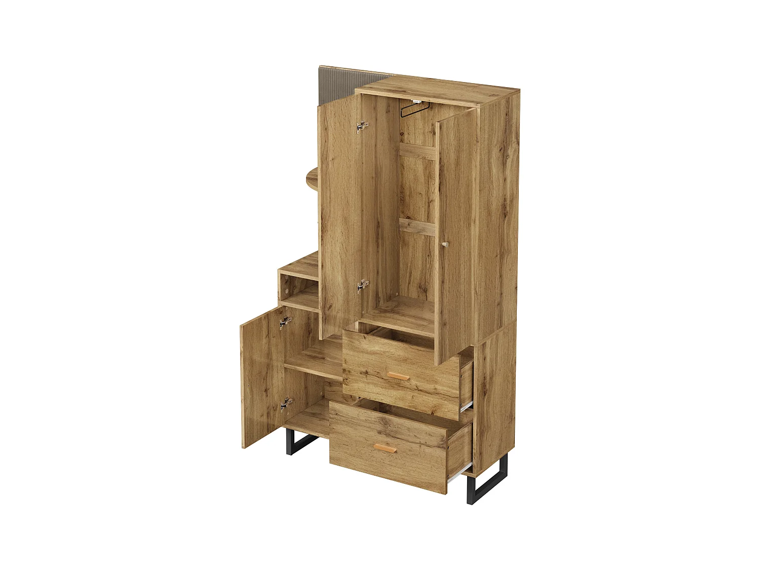 Cabide de madeira - roupeiro com 2 gavetas e 3 portas - arrumação aberta