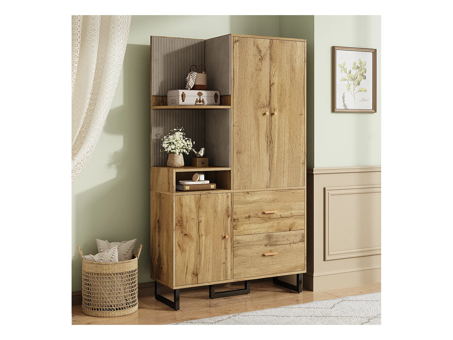 Garderobe aus Holz – Kleiderschrank mit 2 Schubladen und 3 Türen – offene Aufbewahrung