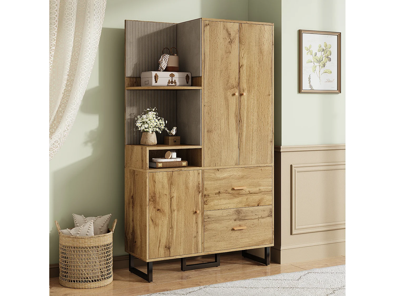 Garderobe aus Holz – Kleiderschrank mit 2 Schubladen und 3 Türen – offene Aufbewahrung