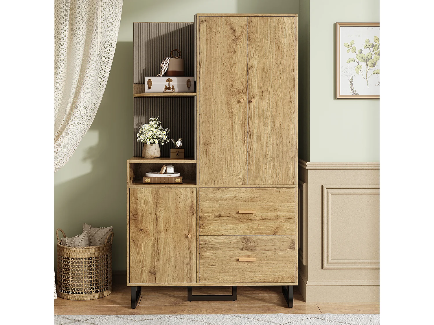 Garderobe aus Holz – Kleiderschrank mit 2 Schubladen und 3 Türen – offene Aufbewahrung