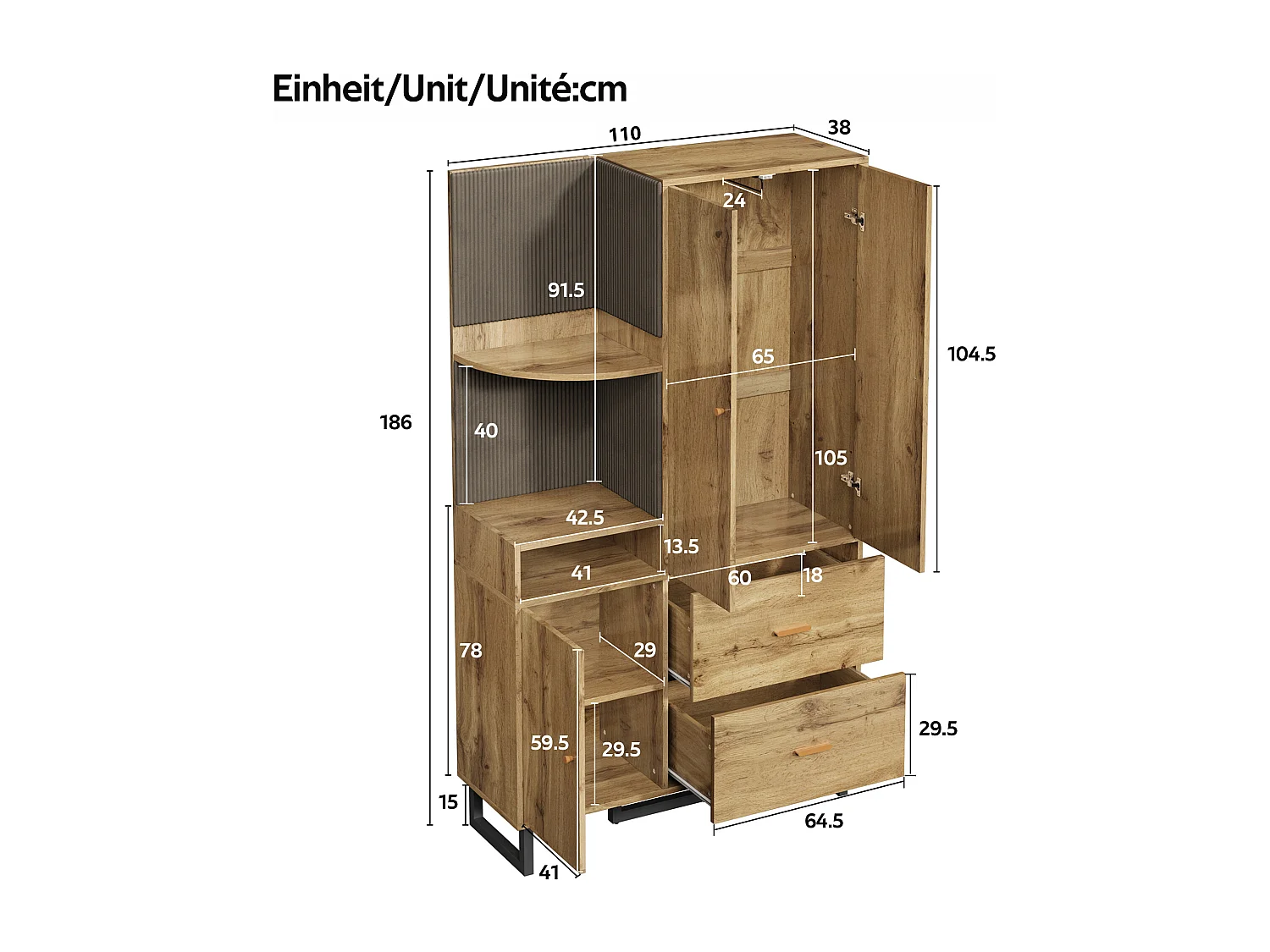 Garderobe aus Holz – Kleiderschrank mit 2 Schubladen und 3 Türen – offene Aufbewahrung