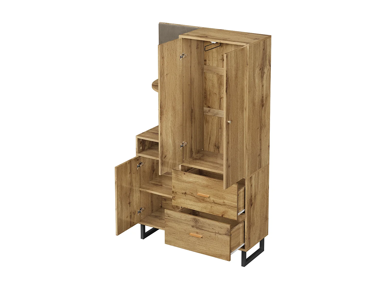 Garderobe aus Holz – Kleiderschrank mit 2 Schubladen und 3 Türen – offene Aufbewahrung