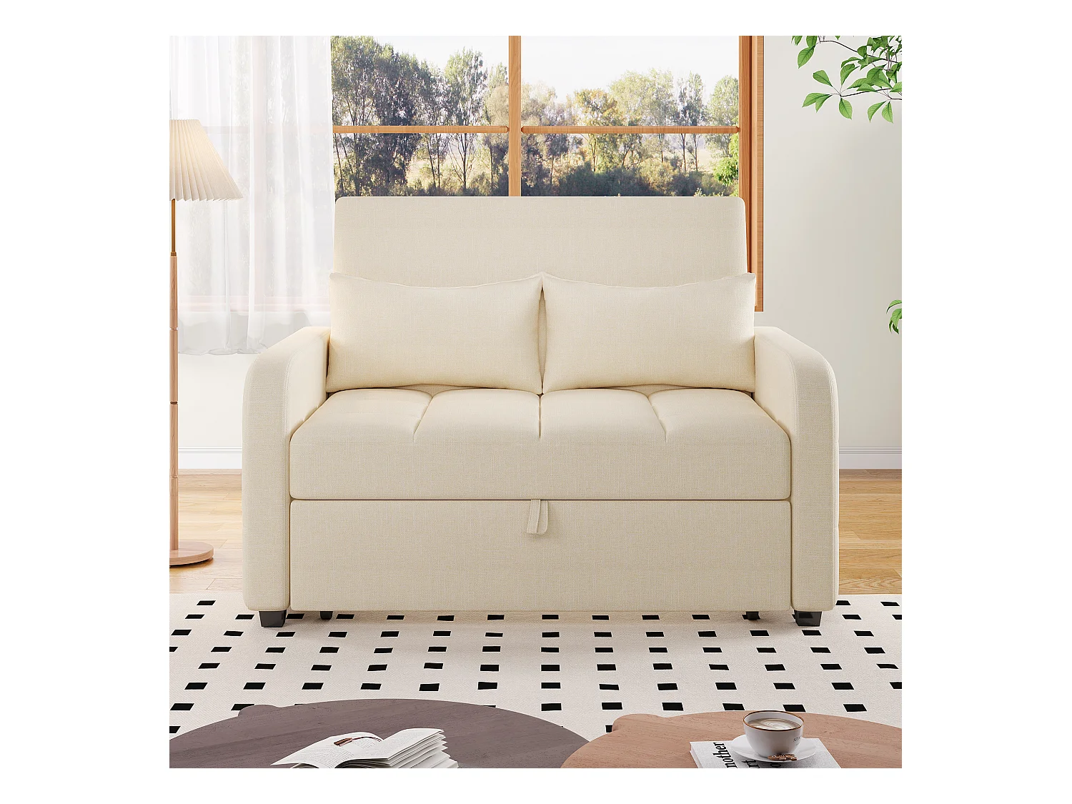 2-Sitzer Sofa mit Ausziehfunktion - Relaxsofa mit verstellbarer Rückenlehne und 2 Kissen - Beiges Leinen