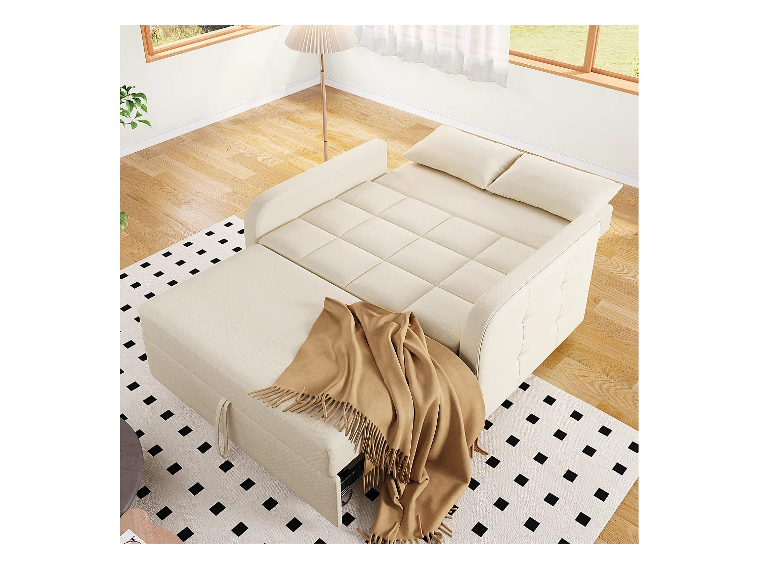 2-Sitzer Sofa mit Ausziehfunktion - Relaxsofa mit verstellbarer Rückenlehne und 2 Kissen - Beiges Leinen