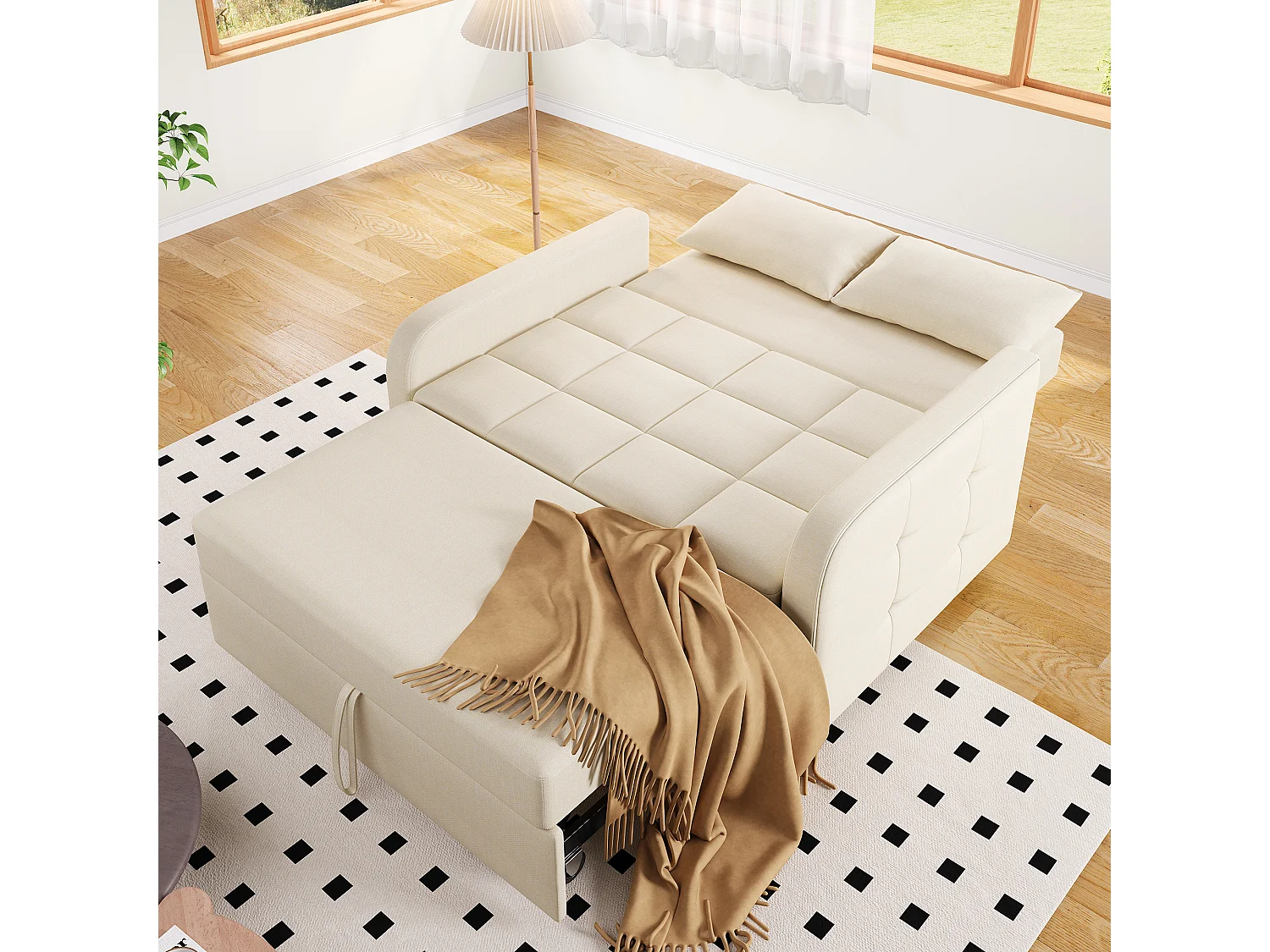 Sofá de 2 lugares com função de extensão - Sofá de relaxamento com encosto ajustável e 2 almofadas - Linho bege